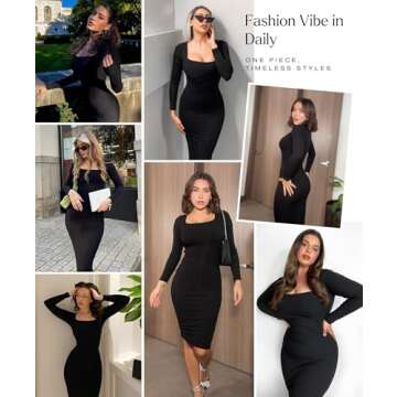 Popilush Party Dress Long Sleeve Bodycon Midi Dresses Shapewear Tummy Control Black Club Night Out B...