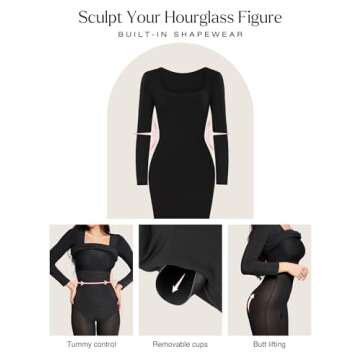 Popilush Party Dress Long Sleeve Bodycon Midi Dresses Shapewear Tummy Control Black Club Night Out Built-in Bra