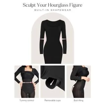 Popilush Party Dress Long Sleeve Bodycon Midi Dresses Shapewear Tummy Control Black Club Night Out Built-in Bra