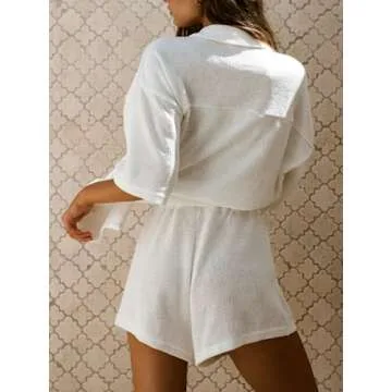 Gyrans Women's two Piece Summer Sets Lounge Tracksuit Outfits High Waist Drawstring Casual Shorts Set Vacation Shirt