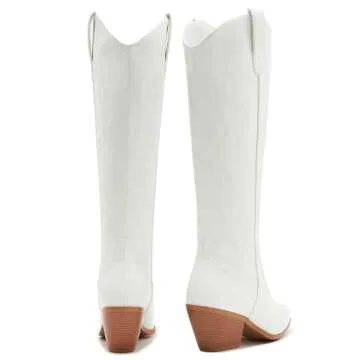 ZXHYZLZ White Cowboy Boots For Women -Wide Calf Knee High Cowgirl Boots Botas Vaqueras Para Mujer Slip On Pointed Toe Thick Heel western Tall Boots Great For Country Concerts and Parties Size 7