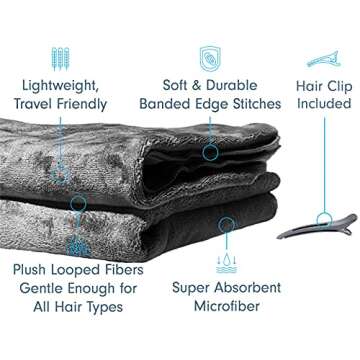 Scala Extra Large Hair Towel 24" x 48" Anti Frizz for Long Hair, Multipurpose Microfiber Bath Towel for Pool, Gym, Yoga, Camping - Quick Drying, Ultra Absorbent Includes Towel Clips, Gray, 2 Pack