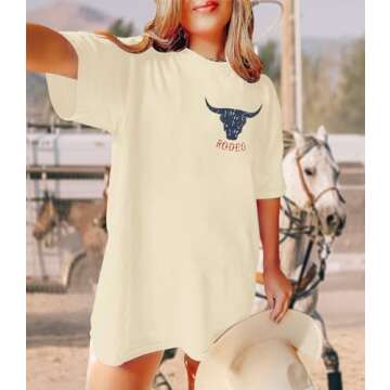 Rodeo Shirts Women Cowgirl Outfits: Casual Country Concert T Shirts Vintage Cow Skull Graphic Tees Oversized Tops