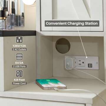 JXQTLINGMU Farmhouse Makeup Desk with Charging Station, 43" W Vanity with Lights Mirror and Drawers for Makeup, Modern Vanity Table Set with Stool for Bedroom, Off White