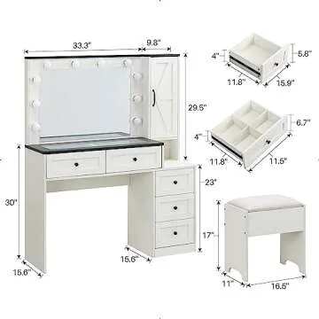 JXQTLINGMU Farmhouse Makeup Desk with Charging Station, 43" W Vanity with Lights Mirror and Drawers for Makeup, Modern Vanity Table Set with Stool for Bedroom, Off White