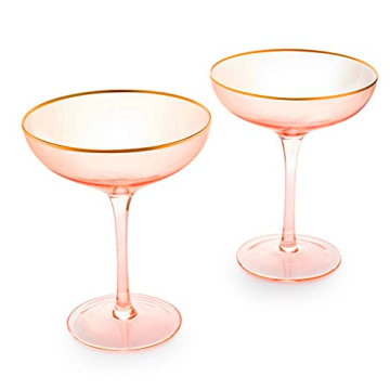 The Wine Savant Large 9oz Colored Blush Pink & Gilded Rim Coupe Glass, Champagne, Martini & Cocktail...