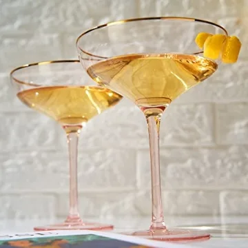The Wine Savant Large 9oz Colored Blush Pink & Gilded Rim Coupe Glass, Champagne, Martini & Cocktail, Dessert & Glasses 2-Set Vibrant Color Short Gold Vintage Tumblers, No Stem Margarita Glassware