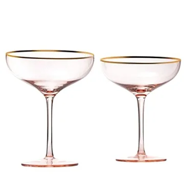 The Wine Savant Large 9oz Colored Blush Pink & Gilded Rim Coupe Glass, Champagne, Martini & Cocktail, Dessert & Glasses 2-Set Vibrant Color Short Gold Vintage Tumblers, No Stem Margarita Glassware