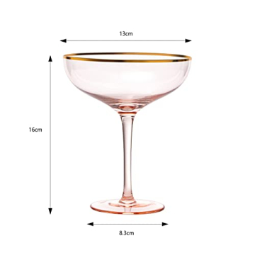 The Wine Savant Large 9oz Colored Blush Pink & Gilded Rim Coupe Glass, Champagne, Martini & Cocktail, Dessert & Glasses 2-Set Vibrant Color Short Gold Vintage Tumblers, No Stem Margarita Glassware