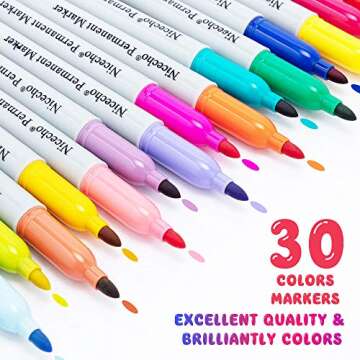 Nicecho Permanent Markers, 30 Colored Fine Point Marker Pens, Waterproof Marker Works on Paper, Plas...