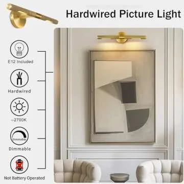 Hard-wired Knurled Picture Light, 19in Brass Picture Light for Wall, Dimmable Brass Art Light, Rotatable 360° Picture Frame Light, Painting Lights for Wall, Bathroom Wall Sconce, E12 Bulbs Included