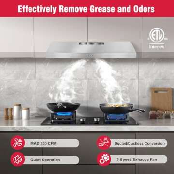 Argyolas 30 Inch Under Cabinet Range Hood Oven Vent Hood, Ducted/Ductless Convertible Kitchen Extrac...