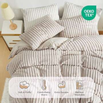 Nayoroom Fluffy Faux Fur Duvet Cover Queen Size Velvet Flannel Beige Striped Reversible Comforter Co...
