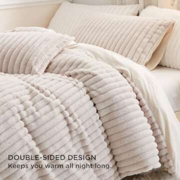 Nayoroom Fluffy Faux Fur Duvet Cover Queen Size Velvet Flannel Beige Striped Reversible Comforter Cover Winter Warm 3 Pcs Luxury Soft Shaggy Plush Fuzzy Bedding Set with Zipper Closure