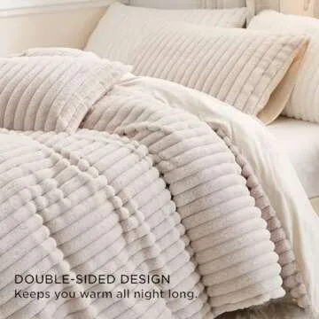 Nayoroom Fluffy Faux Fur Duvet Cover Queen Size Velvet Flannel Beige Striped Reversible Comforter Cover Winter Warm 3 Pcs Luxury Soft Shaggy Plush Fuzzy Bedding Set with Zipper Closure
