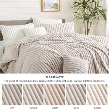 Nayoroom Fluffy Faux Fur Duvet Cover Queen Size Velvet Flannel Beige Striped Reversible Comforter Cover Winter Warm 3 Pcs Luxury Soft Shaggy Plush Fuzzy Bedding Set with Zipper Closure