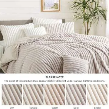 Nayoroom Fluffy Faux Fur Duvet Cover Queen Size Velvet Flannel Beige Striped Reversible Comforter Cover Winter Warm 3 Pcs Luxury Soft Shaggy Plush Fuzzy Bedding Set with Zipper Closure