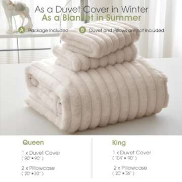 Nayoroom Fluffy Faux Fur Duvet Cover Queen Size Velvet Flannel Beige Striped Reversible Comforter Cover Winter Warm 3 Pcs Luxury Soft Shaggy Plush Fuzzy Bedding Set with Zipper Closure
