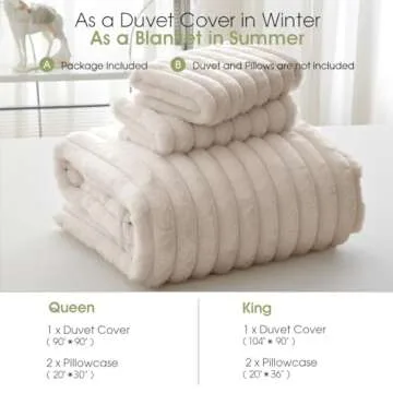 Nayoroom Fluffy Faux Fur Duvet Cover Queen Size Velvet Flannel Beige Striped Reversible Comforter Cover Winter Warm 3 Pcs Luxury Soft Shaggy Plush Fuzzy Bedding Set with Zipper Closure