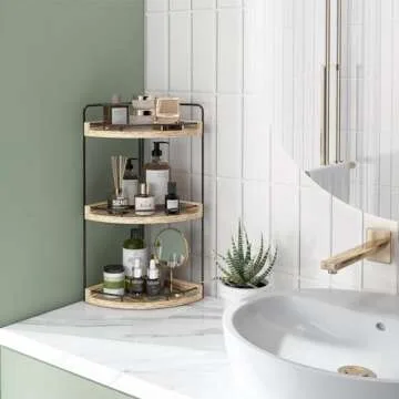 Fixwal Corner Bathroom Counter Organizer, 3 Tier Rustic Bathroom Organizer, Wood Countertop Storage Tray for Vanity, Kitchen, Bedroom (Light Brown)