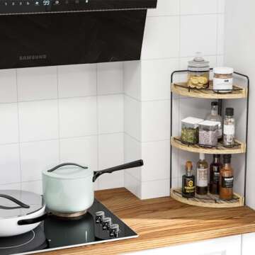 Fixwal Corner Bathroom Counter Organizer, 3 Tier Rustic Bathroom Organizer, Wood Countertop Storage Tray for Vanity, Kitchen, Bedroom (Light Brown)