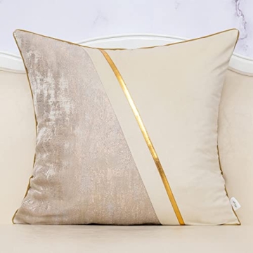 Alerfa 20 x 20 Inch Off White Beige Gold Leather Patchwork Velvet & Polyester Cushion Case Luxury Mo...