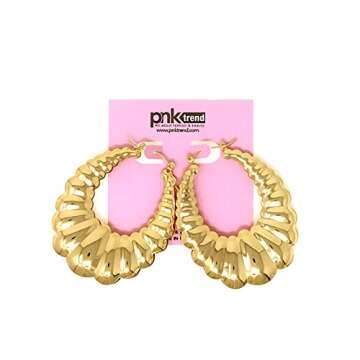 Pnk Trend Gold Plated Scalloped Hoop Earrings for Women-Oval Shaped Shrimp Puffy Hollow Hoop Door Knocker Pin-catch Earrings 50 mm/ 2 inch with Jewelry Box