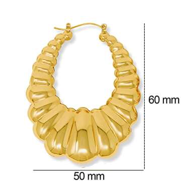 Pnk Trend Gold Plated Scalloped Hoop Earrings for Women-Oval Shaped Shrimp Puffy Hollow Hoop Door Knocker Pin-catch Earrings 50 mm/ 2 inch with Jewelry Box