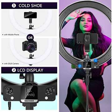 Neewer 18-inch RGB Ring Light with APP Control, Dimmable Bi-Color 3200K-5600K CRI 97+ LED Ring Light with Stand, 0-360 Full Color, 9 Scenes Effect for Selfie/Makeup/Party/Vlog/YouTube/Photography