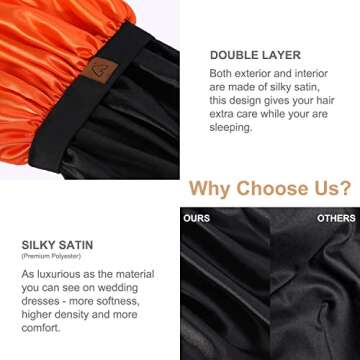 Hat Hut Satin Bonnet Silk Bonnet Sleep Cap for Women Hair Bonnet for Curly Natural Hair Sleeping Adjustable Wide Band Double Layer (Orange)