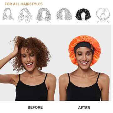 Hat Hut Satin Bonnet Silk Bonnet Sleep Cap for Women Hair Bonnet for Curly Natural Hair Sleeping Adjustable Wide Band Double Layer (Orange)