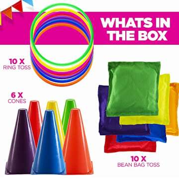 Prextex Multicolored 3-in-1 Yard Game Set - Ring Toss Game, Bean Bags, Cones - Outdoor Toys for Todd...