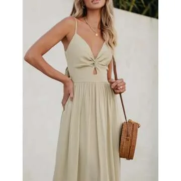 CUPSHE Women's Maxi Dress V Neck Sleeveless Adjustable Straps Twisted Long Summer Formal Dress Beige, M