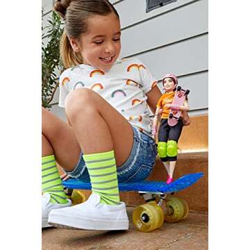 Barbie Olympic Games Tokyo 2020 Skateboarder Doll with Uniform, Tokyo 2020 Jacket, Medal, Skateboard, Wrist and Kneepads for Ages 3 and Up