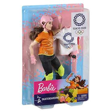 Barbie Olympic Games Tokyo 2020 Skateboarder Doll with Uniform, Tokyo 2020 Jacket, Medal, Skateboard, Wrist and Kneepads for Ages 3 and Up