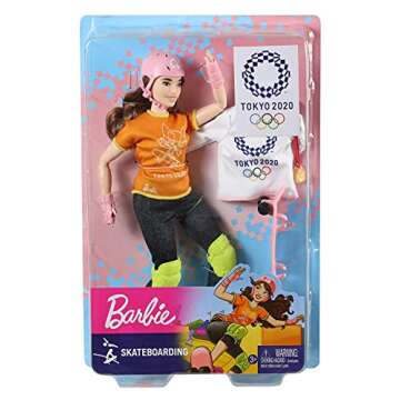 Barbie Olympic Games Tokyo 2020 Skateboarder Doll with Uniform, Tokyo 2020 Jacket, Medal, Skateboard, Wrist and Kneepads for Ages 3 and Up
