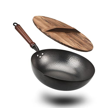 BIELMEIER 12.5" Wok Pan- Woks and Stir Fry Pans, Carbon Steel Wok, Flat Bottom Wok with Lid Suits fo...