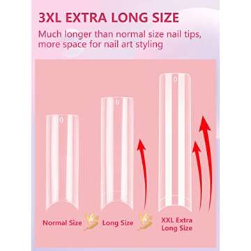 LIONVISON 504PCS NO C CURVE Clear Nail Tips for Acrylic Nails Professional, 3XL Extra Long Flat Tapered Square Nail Tips, 12 Sizes Half Cover Straight French Fake Nail Tips for Nail Salons Home