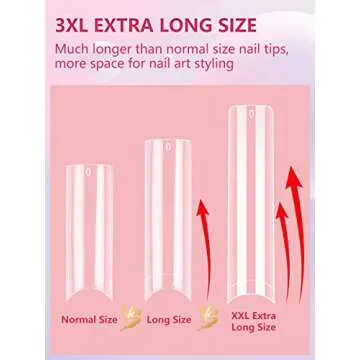 LIONVISON 504PCS NO C CURVE Clear Nail Tips for Acrylic Nails Professional, 3XL Extra Long Flat Tapered Square Nail Tips, 12 Sizes Half Cover Straight French Fake Nail Tips for Nail Salons Home