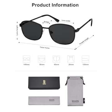SOJOS Retro Rectangle Polarized Sunglasses for Women Men Vintage 90s Style Rectangular Frame Sunnies SJ1225, Black Frame/Grey Lens