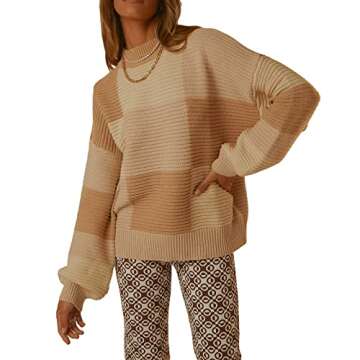 Women Long Sleeve Plaid Sweater Pullover Comfy Oversized Loose Knit Sweater Autumn Winter Tops (Brow...