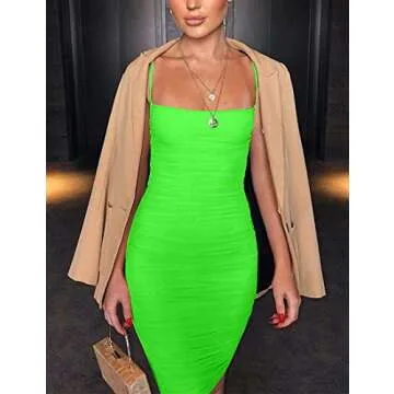 Kaximil Women's Sexy Bodycon Spaghetti Strap Ruched Mini Club Dresses,Small,Light Green