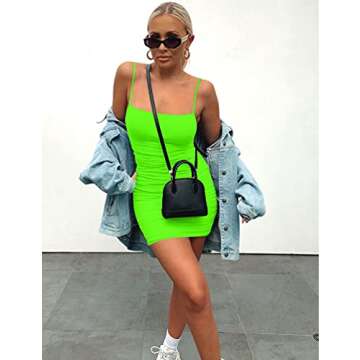 Kaximil Women's Sexy Bodycon Spaghetti Strap Ruched Mini Club Dresses,Small,Light Green