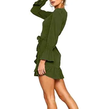 WEEPINLEE Womens Long Sleeve Round Neck Ruffles Wrap Dresses Party Dress (Army Green, S)