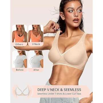 OEAK Womens Deep V Bras Comfortable Bras Support Push Up Bralettes Low Cut no Underwire Bras Plunge Seamless Tshirts Bras Beige S