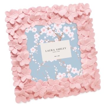 Laura Ashley 4x4 Pink Flower Textured Hand-Crafted Resin Picture Frame with Easel & Hook for Tableto...