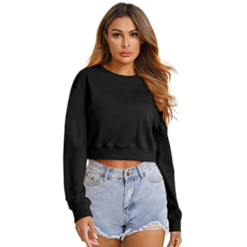Verdusa Women's Basic Casual Crop Top Pullover Sweatshirt - Comfy Cotton in Black, XL