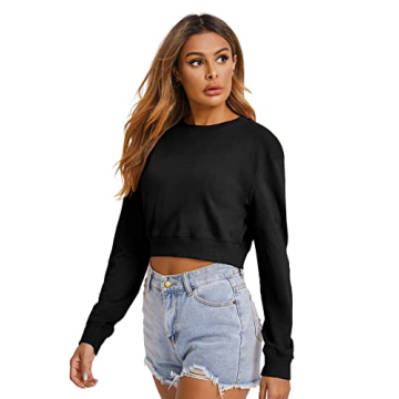 Verdusa Women's Casual Crop Top Pullover Sweatshirt Black XL