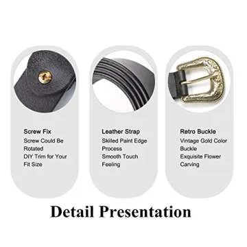 JASGOOD Women Leather Belts Ladies Vintage Western Design Black Waist Belt for Pants Jeans Dresses (Fit Size 23-27 Inches,D-Golden Buckle)