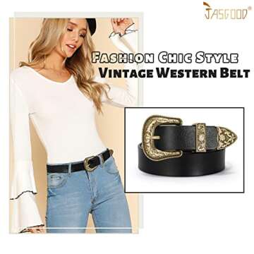 JASGOOD Women Leather Belts Ladies Vintage Western Design Black Waist Belt for Pants Jeans Dresses (Fit Size 23-27 Inches,D-Golden Buckle)